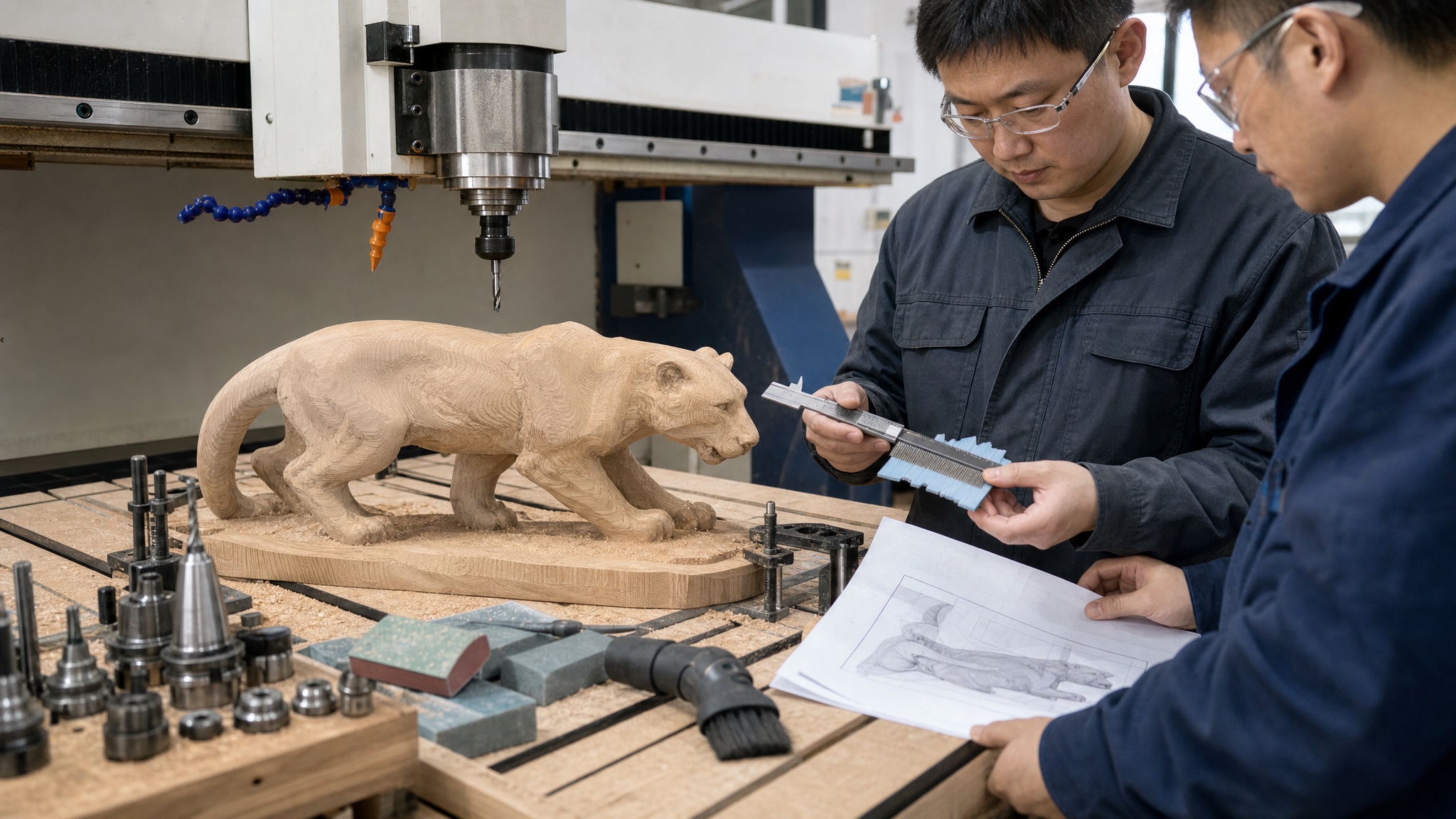 中国工艺师进行机械精雕和轮廓检查