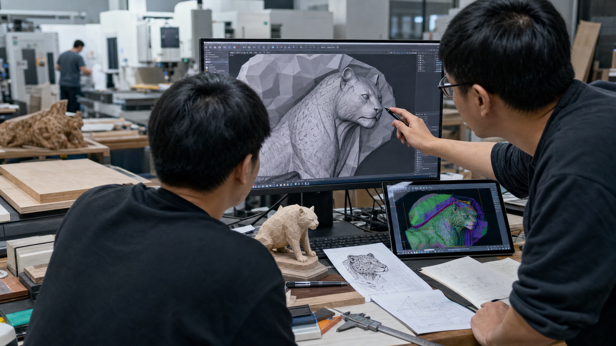 中国设计师进行工业材料艺术品建模