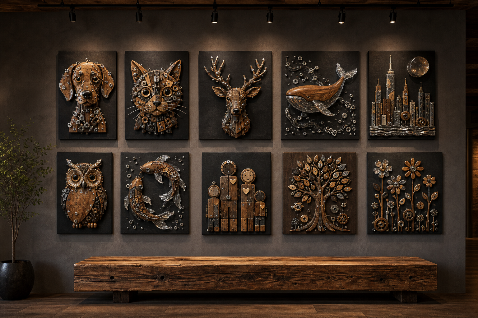 AI 亲子工业艺术工坊作品墙展示