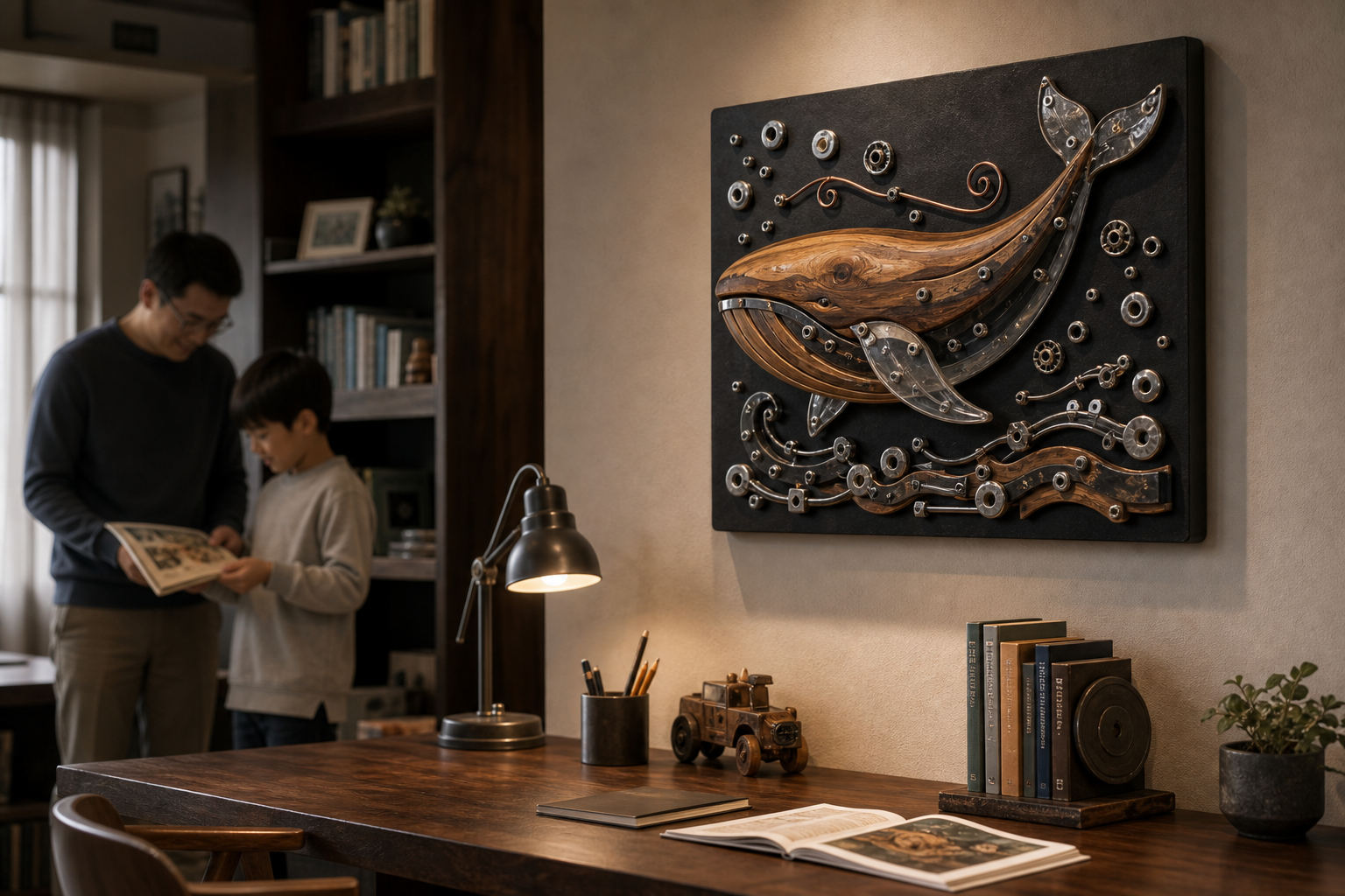 亲子工业艺术作品挂在家庭书房墙面